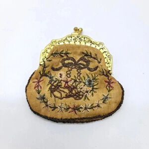 Antique Petit Point Purse Small Coin Purse Gold Thread